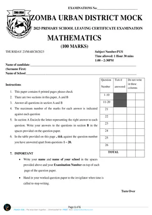 2023 Zomba PSLCE Mathematics Mock - Preview