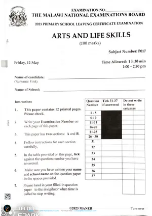2023 MANEB PSLCE Arts and Life Skills Past Paper - Preview