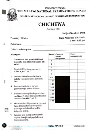 2023 MANEB PSLCE Chichewa Past Paper - Preview