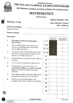 2023 MANEB PSLCE Mathematics Past Paper - Preview