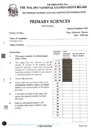 2023 MANEB PSLCE Primary Science Past Paper - Preview