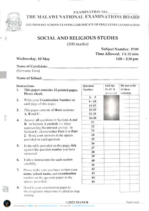 2023 MANEB PSLCE Social and Religious Studies Past Paper - Preview