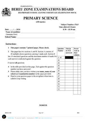 2024 Bereu Zone PSLCE Primary Science - Preview