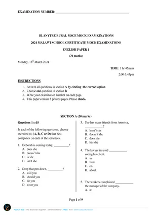 2024 Blantyre Rural MSCE English Paper I Mock Paper - Preview