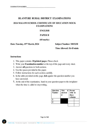 2024 Blantyre Rural MSCE English Paper II Mock Paper with Answers - Preview