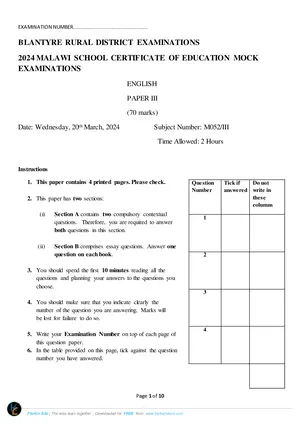 2024 Blantyre Rural MSCE English Paper III Mock Paper - Preview