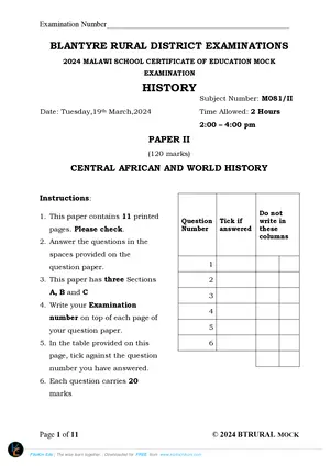 2024 Blantyre Rural MSCE History Paper II Mock Paper - Preview