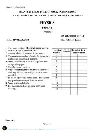 2024 Blantyre Rural MSCE Physics Paper I - Preview
