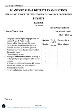 2024 Blantyre Rural MSCE Physics Paper II Mock Paper - Preview