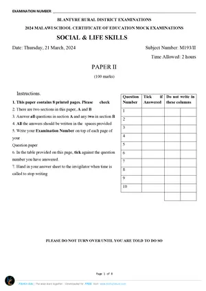 2024 Blantyre Rural MSCE Social & Life Skills Paper II Mock Paper - Preview