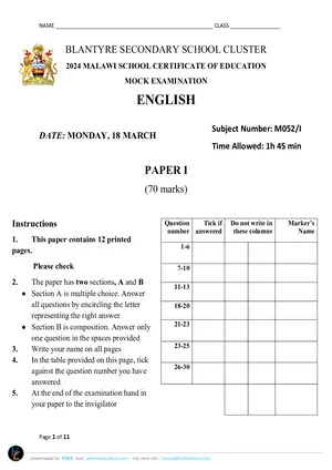 2024 Blantyre Secondary School (BSS) MSCE English Paper I Mock Exams - Preview