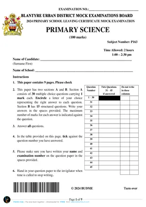 2024 Blantyre Urban PSLCE Primary Science Mock - Preview