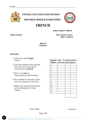 2024 CEED MSCE French Paper II Mock - Preview
