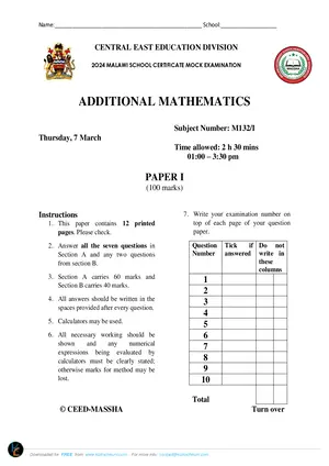 2024 CEED MSCE Mock Additional Mathematics Paper I with Answers - Preview