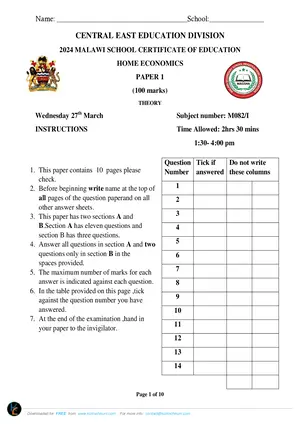 2024 CEED MSCE Mock Home Economics Paper I with Answers - Preview