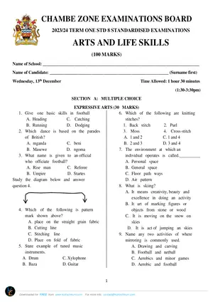 2024 Chambe Zone Standard 8 Term 1 Arts & Life Skills Past Paper - Preview