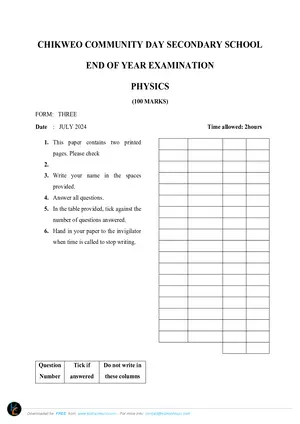 2024 Chikweo CDSS Form 3 Term 3 Physics End of Year Examinations - Preview