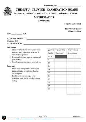 2024 Chimutu Standard 8 Term 2 Mathematics Past Paper - Preview