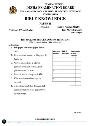 2024 DESHA MSCE Bible Knowledge Paper II - Preview