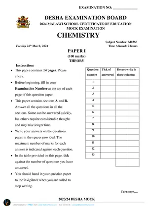 2024 DESHA MSCE Chemistry Paper I - Preview