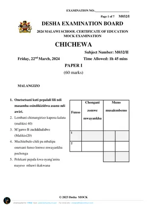 2024 DESHA MSCE Chichewa Paper I - Preview