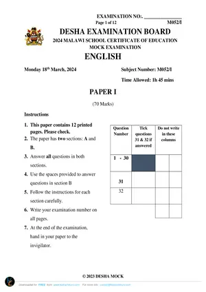2024 DESHA MSCE English Paper I - Preview