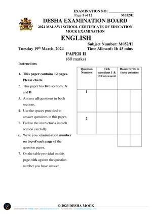 2024 DESHA MSCE English Paper II Mock with Answers - Preview