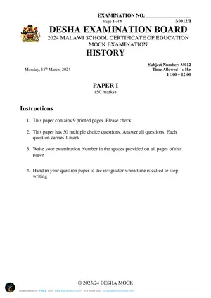 2024 DESHA MSCE History Paper I - Preview