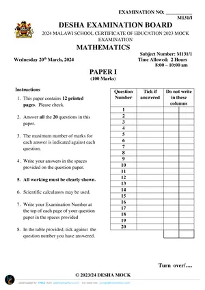 2024 DESHA MSCE Mathematics Paper I - Preview