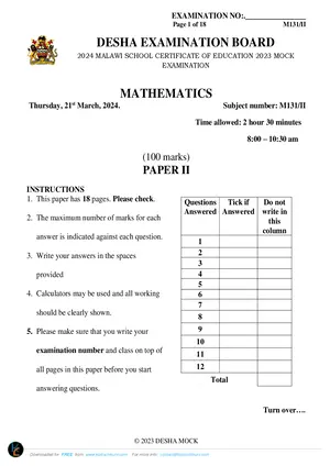 2024 DESHA MSCE Mathematics Paper II - Preview