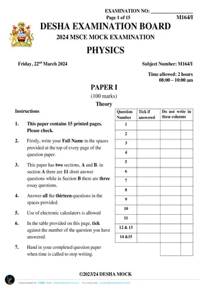 2024 DESHA MSCE Physics Paper I Past Paper - Preview