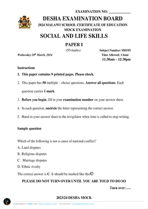 2024 DESHA MSCE Social and Life Skills Paper I - Preview