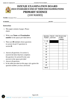 2024 Dzenje Standard 8 Term 1 Primary Science - Preview