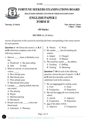 2024 Fortune Seekers Pvt Form 2 Term 2 English Paper I - Preview