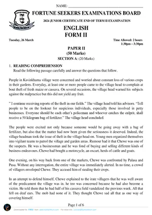 2024 Fortune Seekers Pvt Form 2 Term 2 English Paper II - Preview