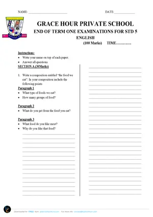 2024 Grace Hour Pvt Standard 5 Term 1 English Past Paper - Preview