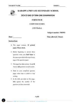 2024 Kabadwa MSCE Computer Studies Paper 1 Form 4 - Preview
