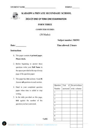 2024 Kabadwa Private School Form 3 Term 1 Computer Studies Paper I - Preview