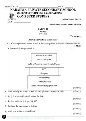 2024 Kabadwa Private School Form 3 Term 1 Computer Studies Paper II - Preview