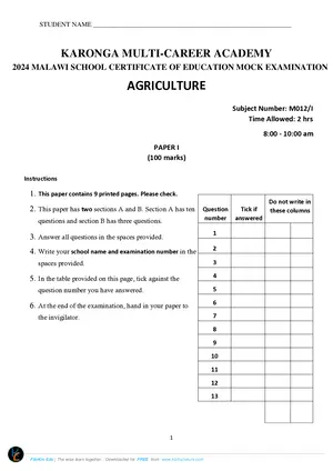 2024 Karonga Multi Career MSCE Agriculture Paper I - Preview