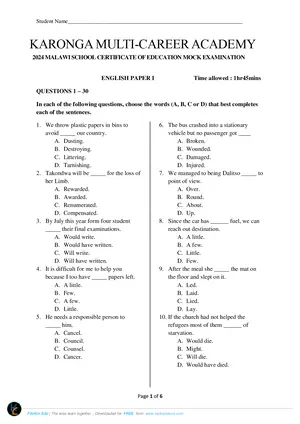 2024 Karonga Multi Career MSCE English Paper I Mock MSCE - Preview