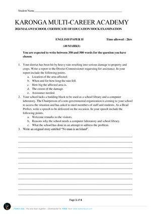 2024 Karonga Multi Career MSCE English Paper II - Preview