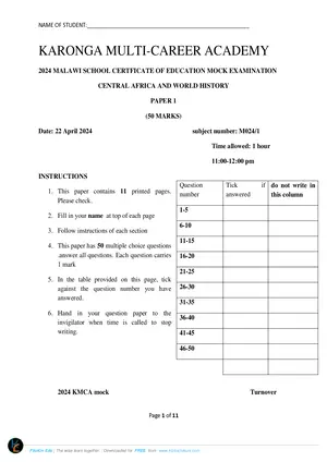 2024 Karonga Multi-Career MSCE History Paper 1 - Preview