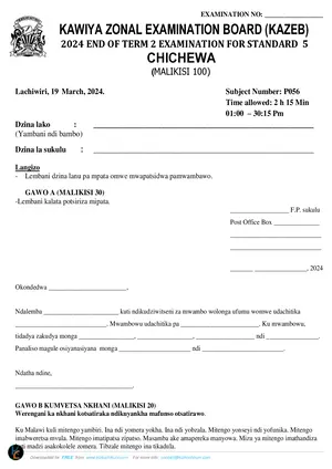 2024 Kawiya Zone Standard 5 Term 2 Chichewa Past Paper - Preview