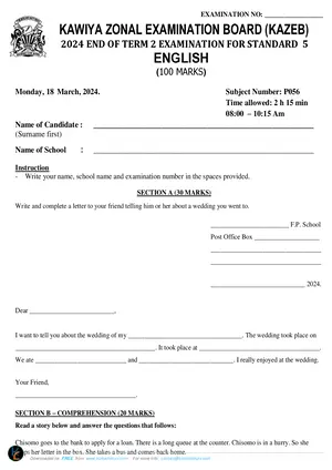 2024 Kawiya Zone Standard 5 Term 2 English Past Paper - Preview