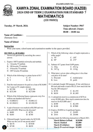 2024 Kawiya Zone Standard 7 Term 2 Mathematics Past Paper - Preview