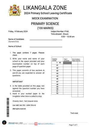 2024 Likangala Zone PSLCE Standard 8 Primary Science - Preview
