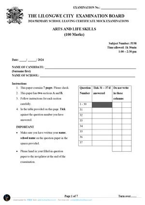 2024 Lilongwe City PSLCE Arts and Life Skills Past Paper - Preview