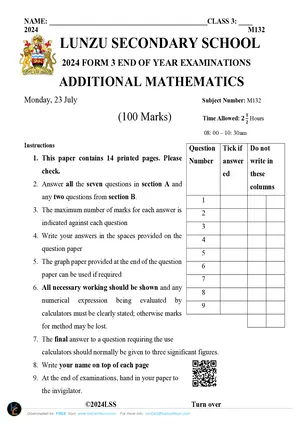 2024 Lunzu Additional Mathematics Form 3 End of Term 3 Examinations I - Preview
