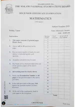 2024 MANEB JCE Mathematics Past Paper - Preview